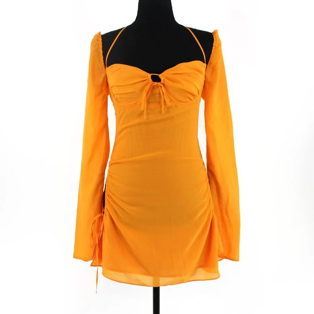 House Of CB Tangerine Baby Halter Cut-Out Long Sleeve Mini Dress S Orange Small - Picture 2 of 9